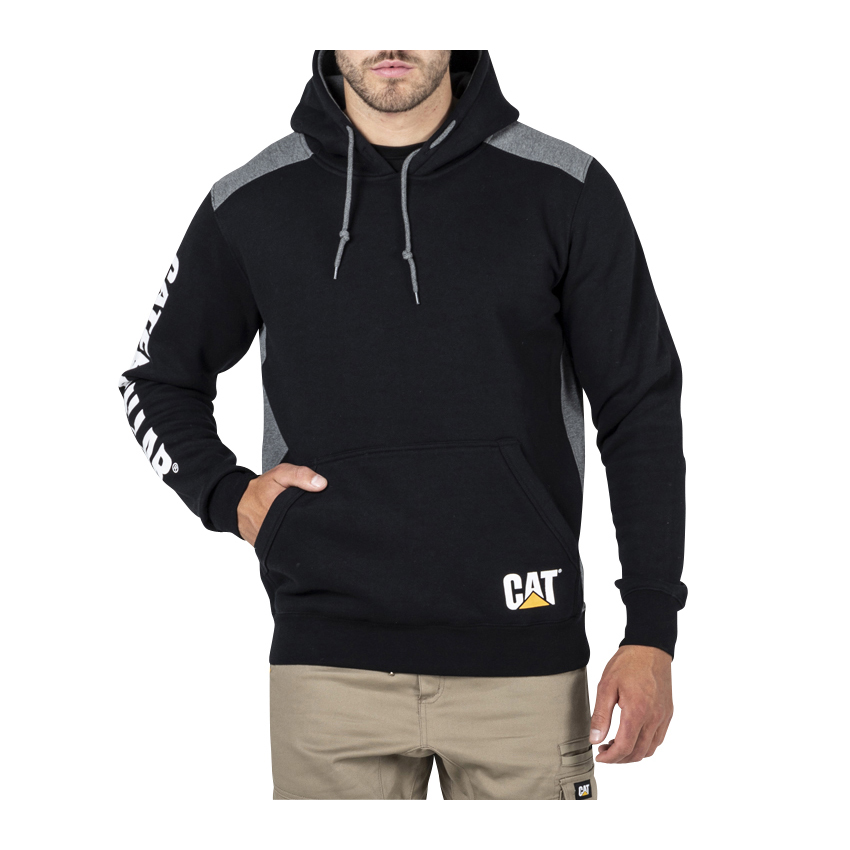 Men's Caterpillar Logo Panel Hooded Sweat Hoodies Black Ireland QISB46197